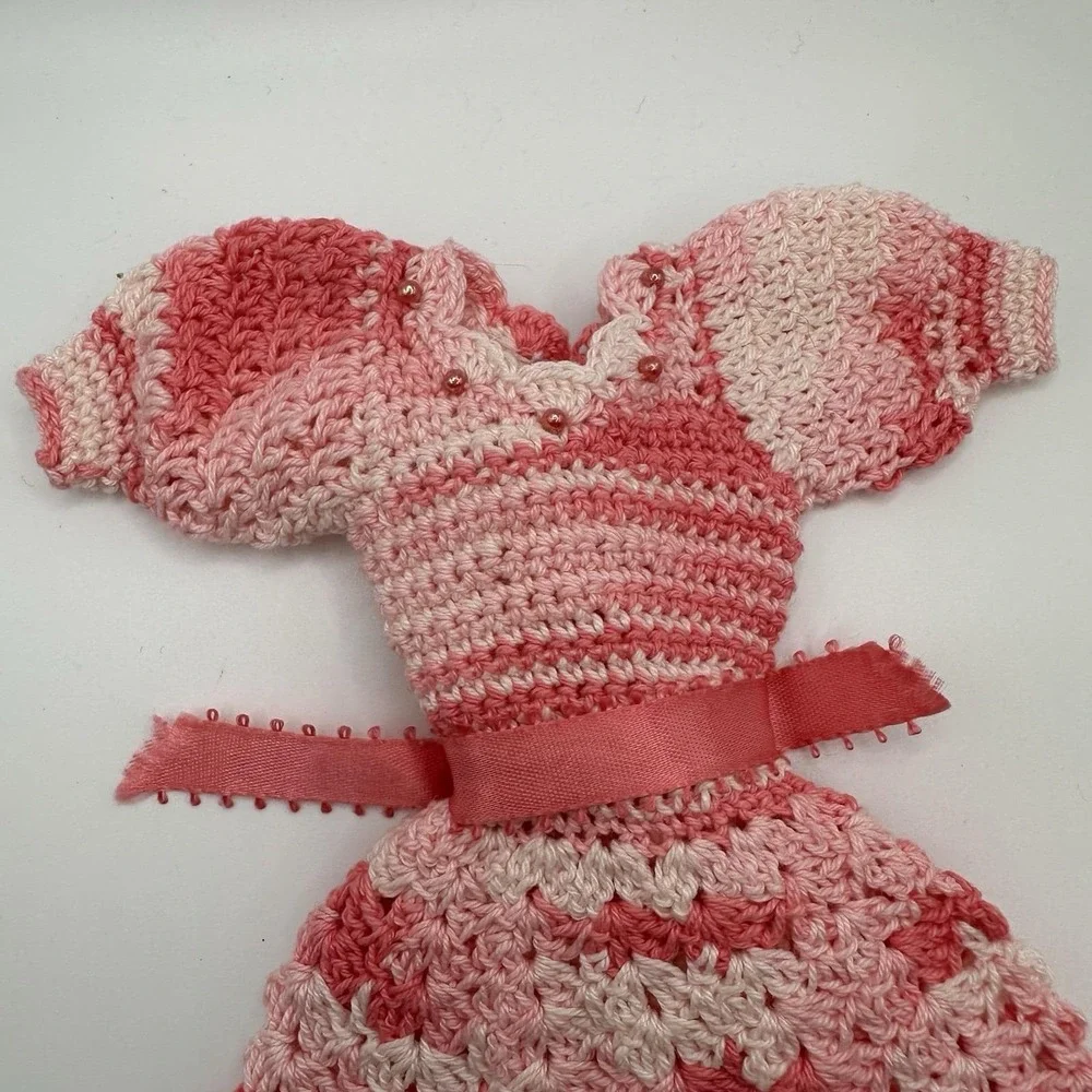 VTG Crochet Cotton Barbie Doll Dress Pink Variegated Ribbon Bead Knee‎ Length - Picture 3 of 5